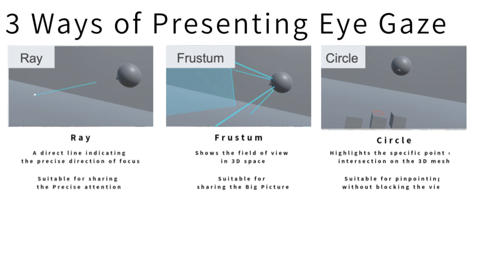 Three ways of presenting eye gaze: ray, frustum and circle